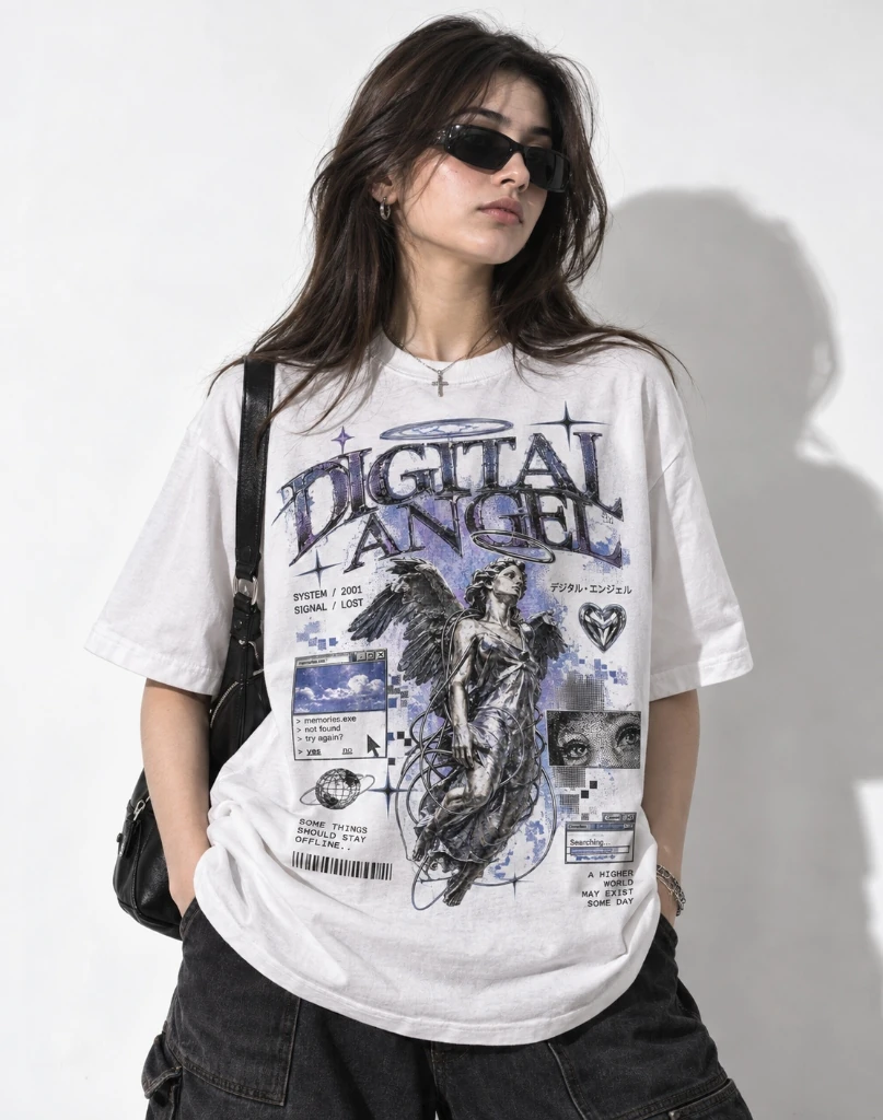 Deez Prints oversized streetwear T-shirt — Digital Angel editorial campaign