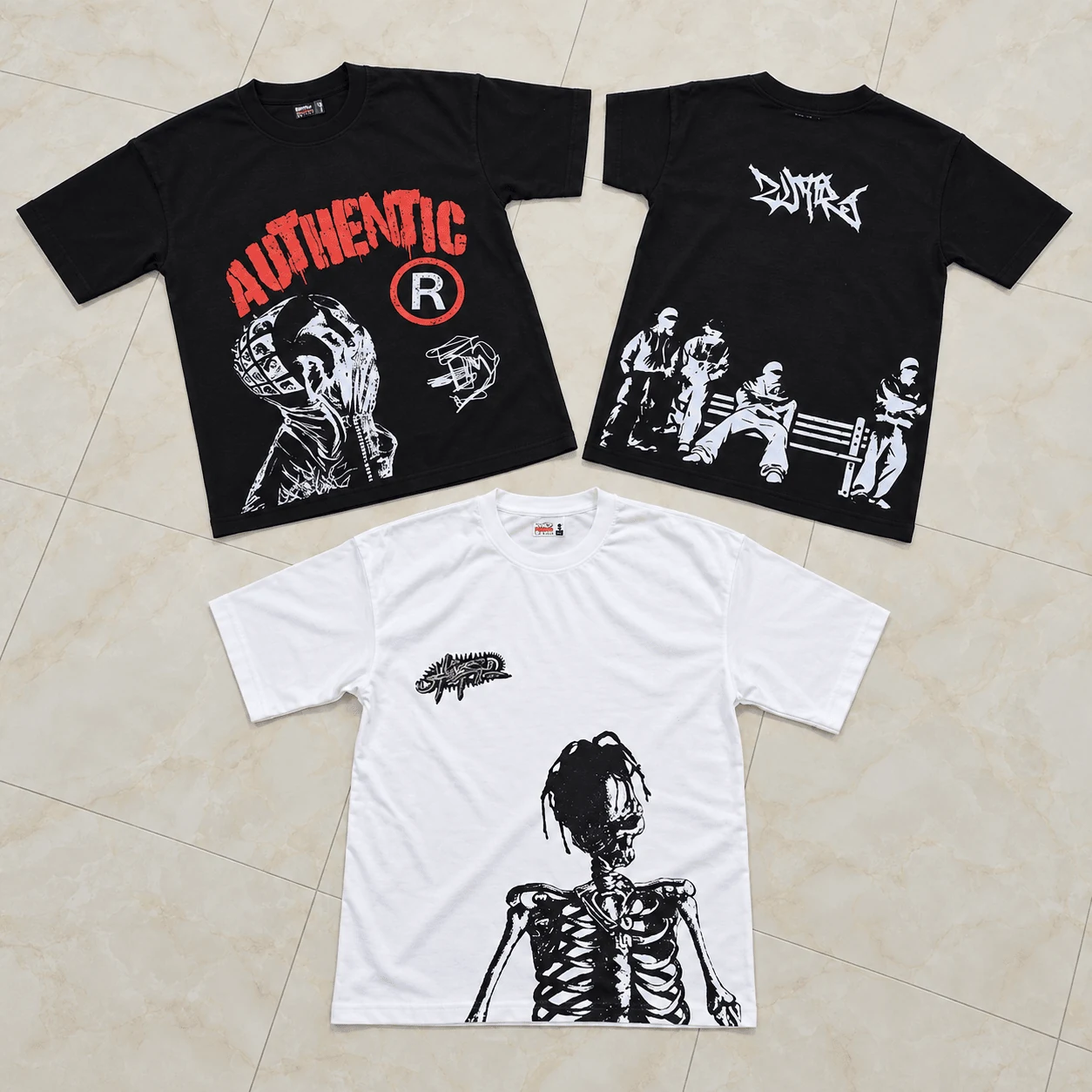 Trio of custom streetwear graphic tees featuring Authentic, Dope, and Japanese skeleton print