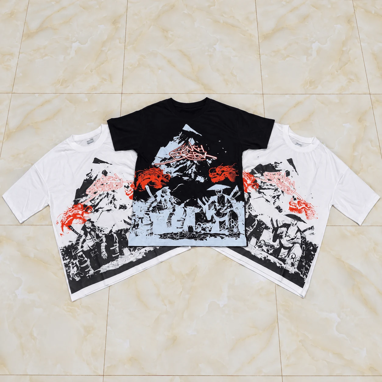 Black and white graphic streetwear t-shirts with Japanese ronin warrior battle print