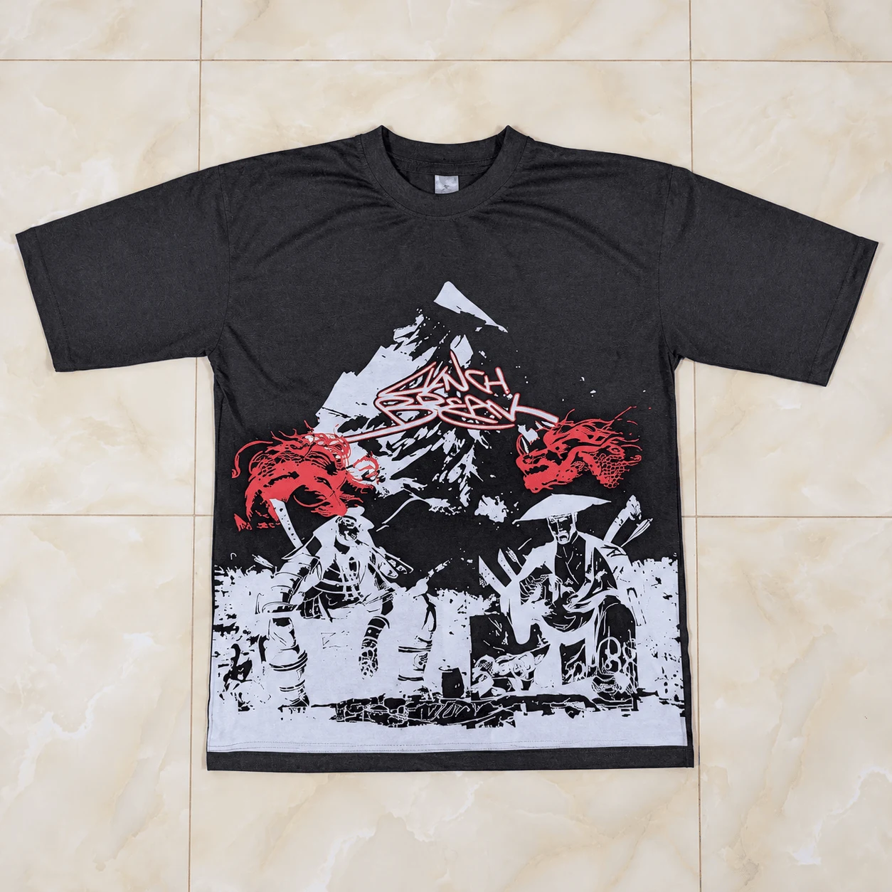 Charcoal black streetwear tee with Japanese warrior and red sunset mountain illustration