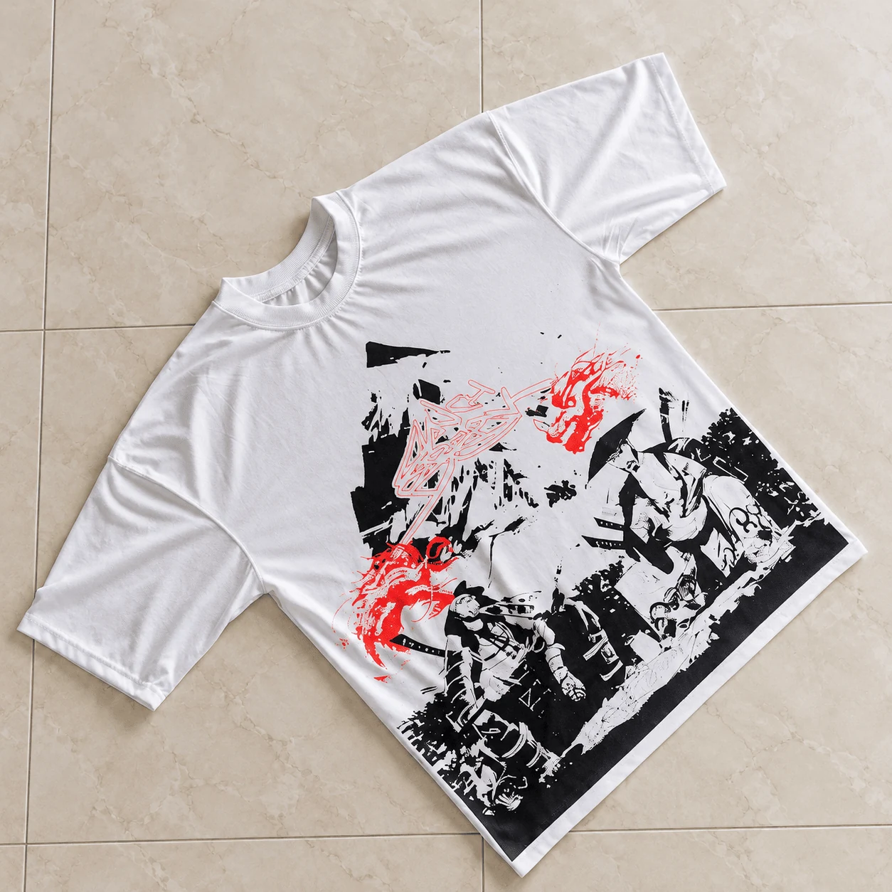 Crisp white drop shoulder tee with Japanese samurai clash and red smoke artwork
