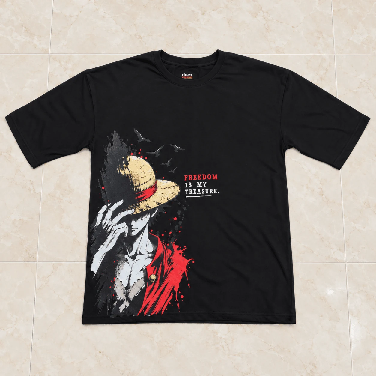 Black drop shoulder t-shirt with Monkey D Luffy Freedom is My Treasure graphic