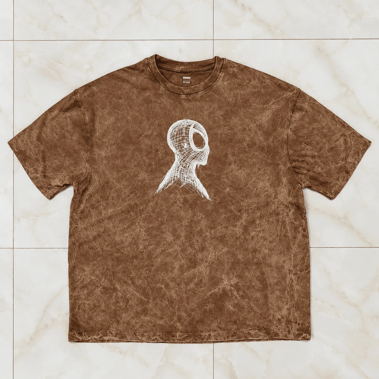Mocha brown mineral acid wash t-shirt with Spider-Man wireframe mask chest graphic