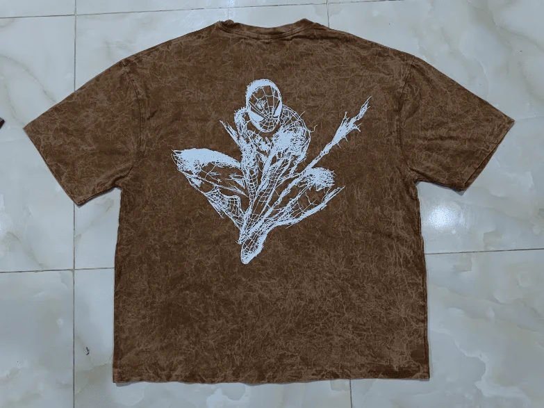 Mocha brown mineral acid wash t-shirt with large Spider-Man web-slinger sketch back print
