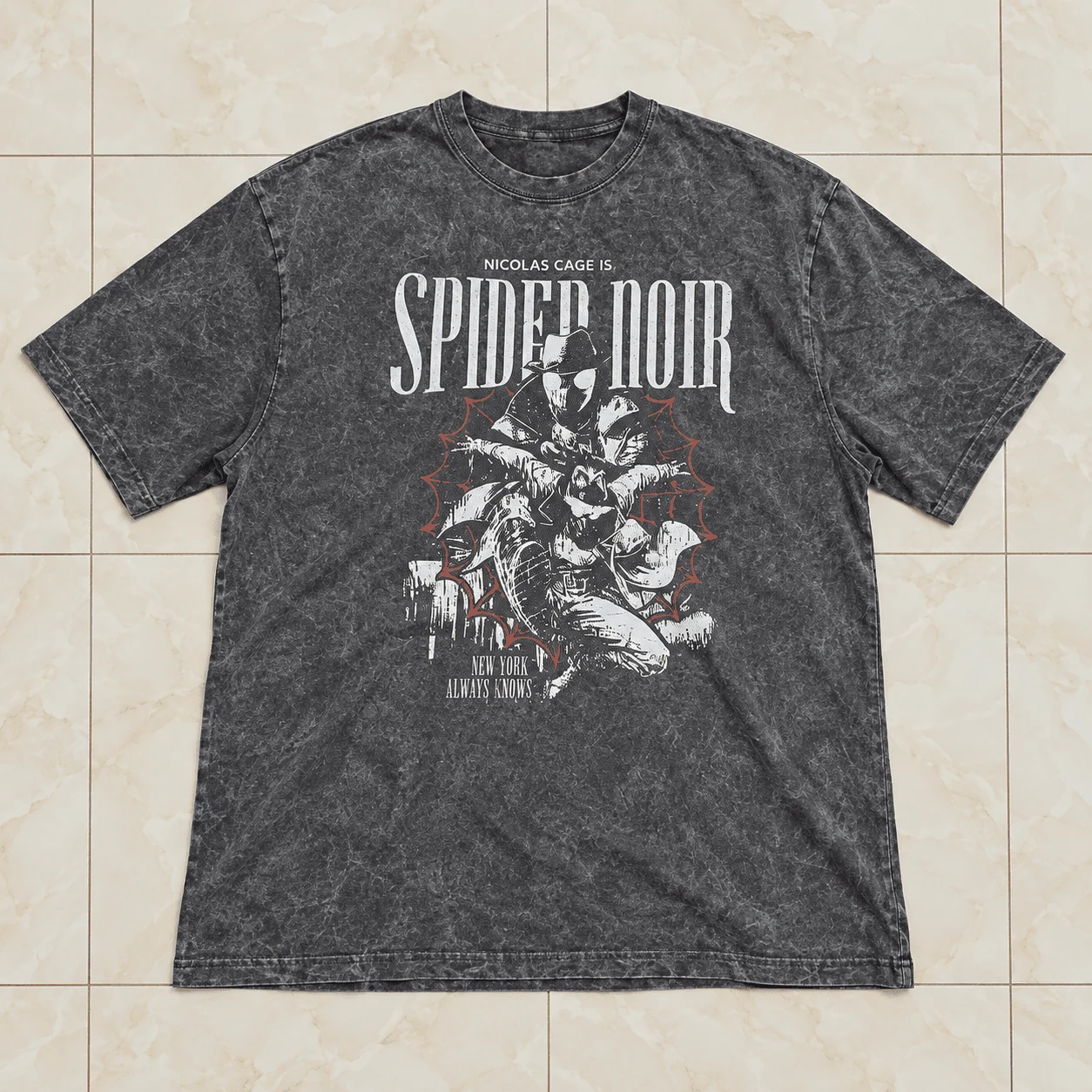 Vintage washed grey acid wash tee with Spider Noir blood moon front graphic