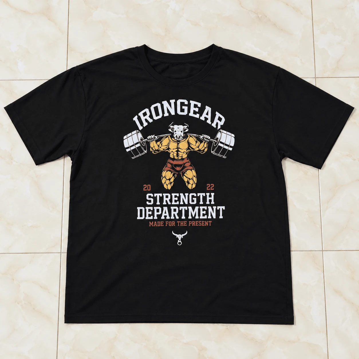 Black gym streetwear tee with Irongear Strength Department barbell graphic