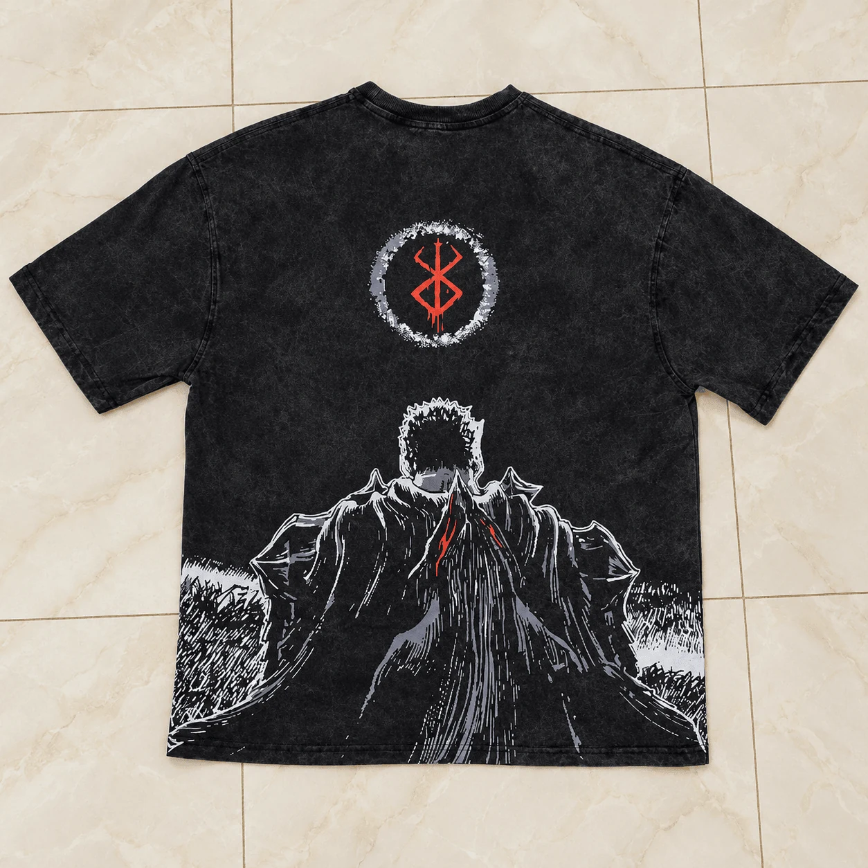 Vintage black acid wash t-shirt with Guts Berserk Brand of Sacrifice back artwork