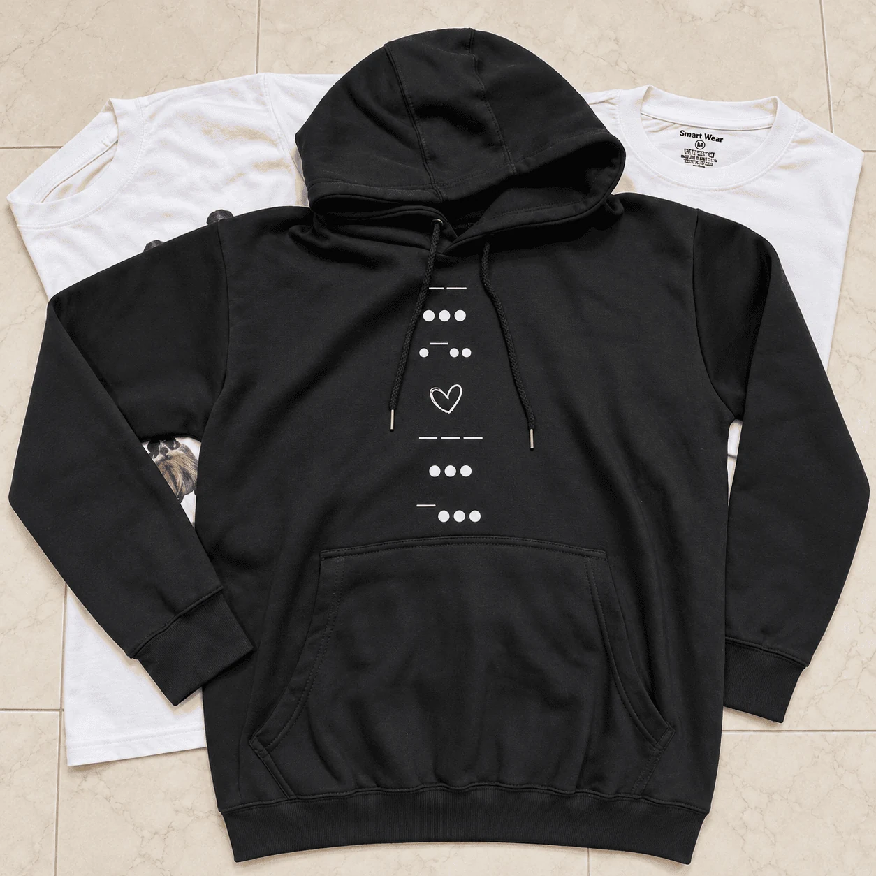 Layered black streetwear hoodie with custom chest iconography over white tee
