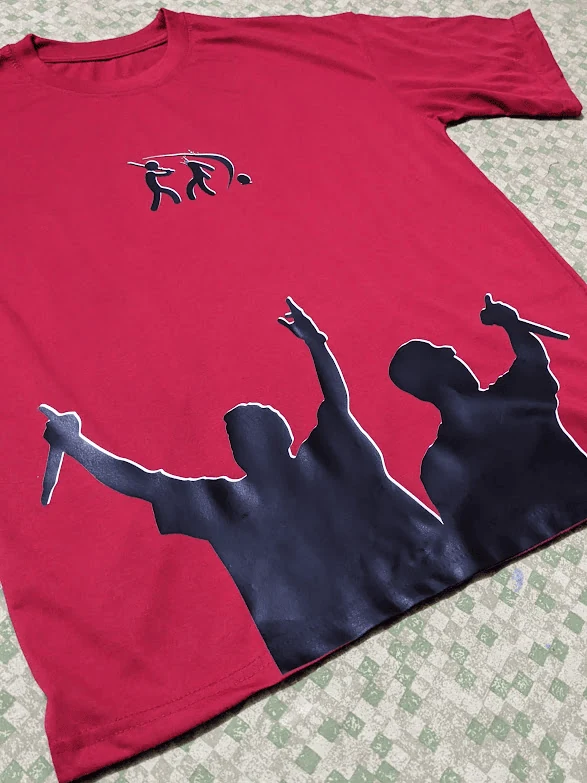 Crimson red streetwear tee with concert crowd silhouette and live stage graphics