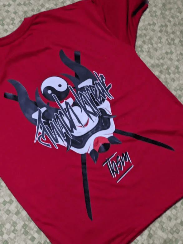 Crimson red streetwear tee with Japanese oni mask, yin-yang, and crossed katanas artwork