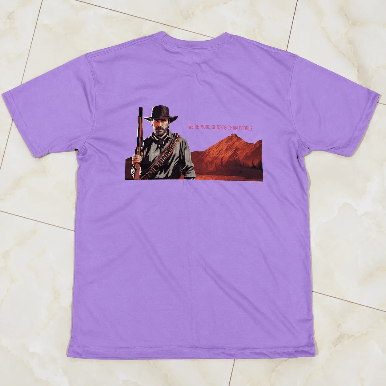 Lavender oversized tee with Arthur Morgan Red Dead Redemption western mountain graphic