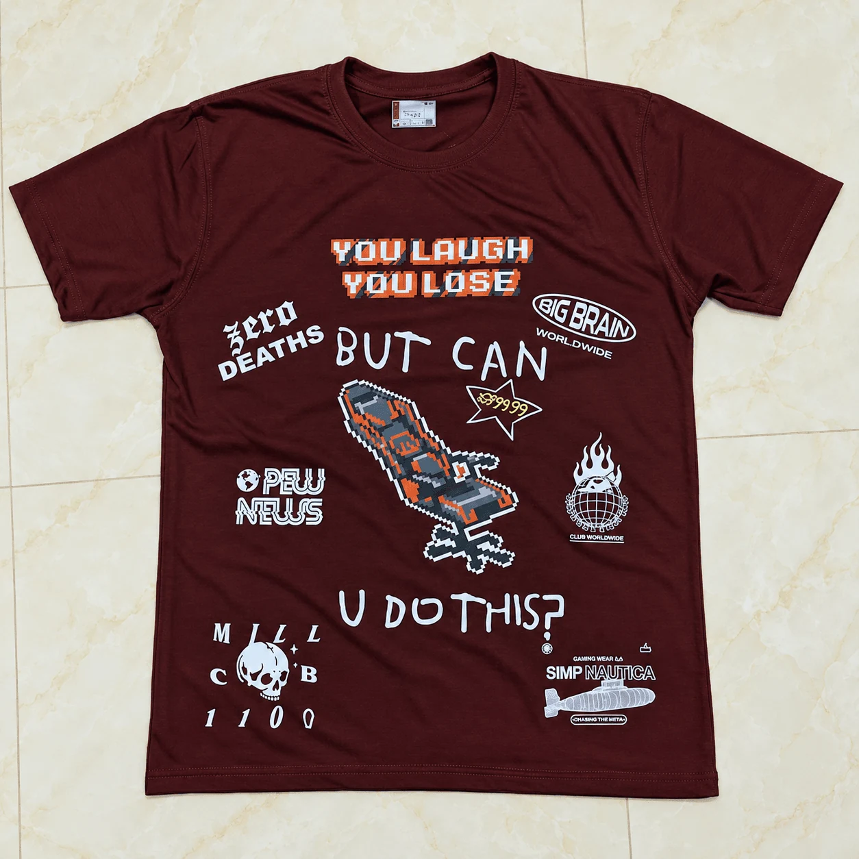 Deep maroon oversized tee with You Laugh You Lose PewDiePie gaming meme graphics