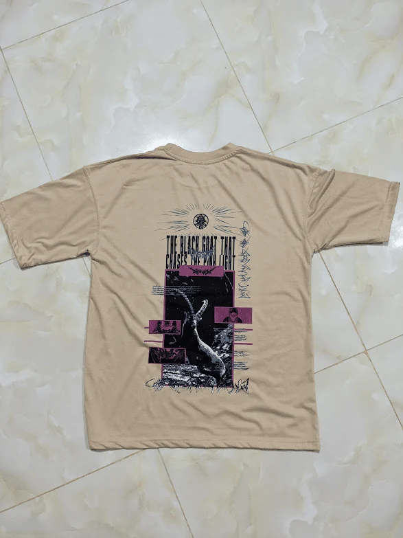 Sand beige streetwear tee with celestial moon and black craft graphic back print