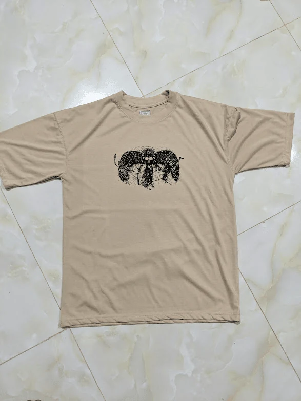 Sand beige streetwear tee with minimalist front chest anime warrior graphic