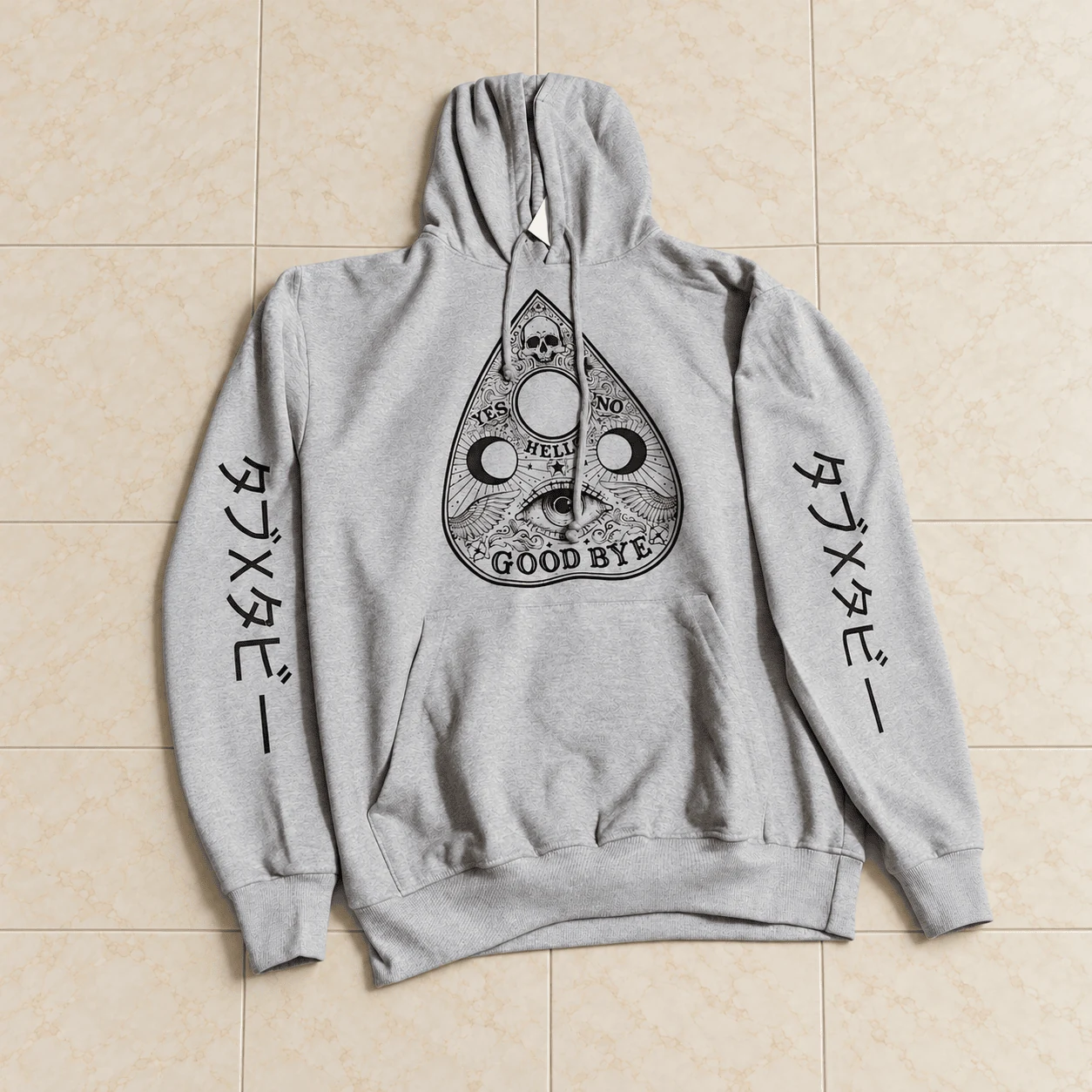 Heather grey custom hoodie with Ouija board goodbye print and Japanese sleeve text