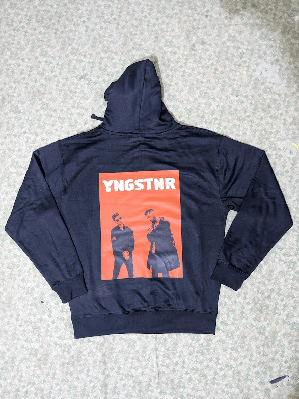 Navy blue streetwear hoodie with YNGSTNR chest graphic