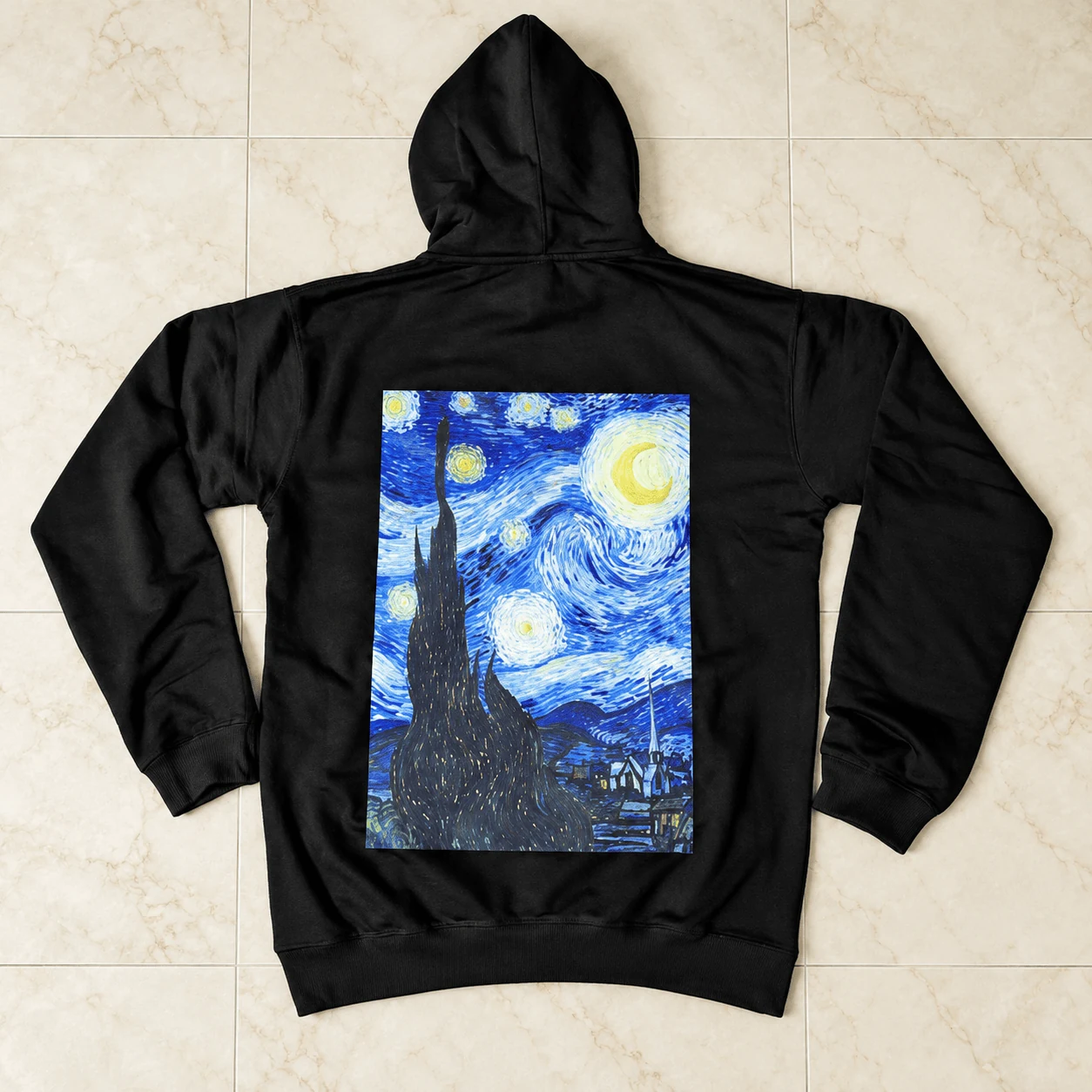 Black heavyweight hoodie with Vincent van Gogh Starry Night back panel print