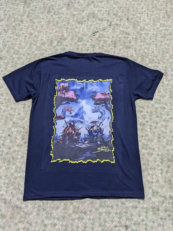 Midnight navy tee with vibrant Japanese fantasy nature and creature back graphic