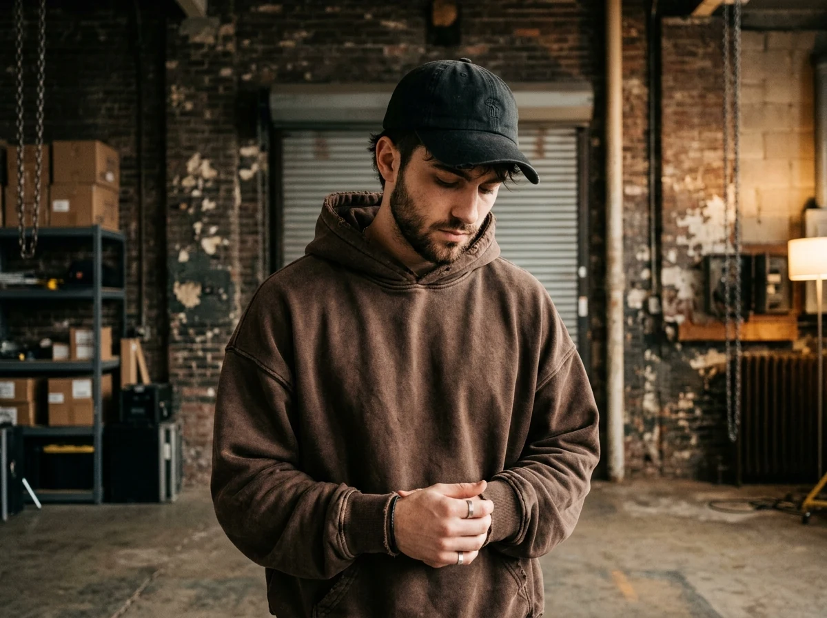 Deez Prints heavyweight washed hoodie editorial model photoshoot